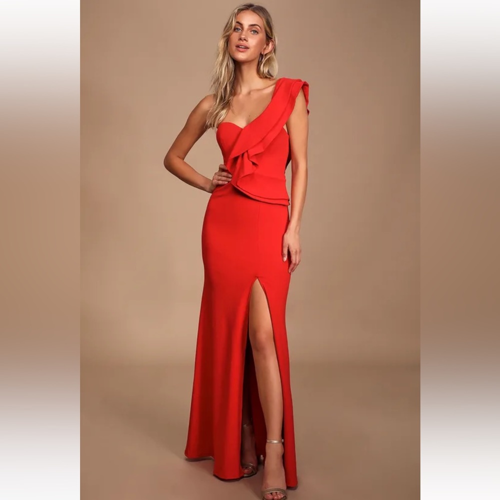 Lulus Formal Red Ruffled One Shoulder Maxi Dress